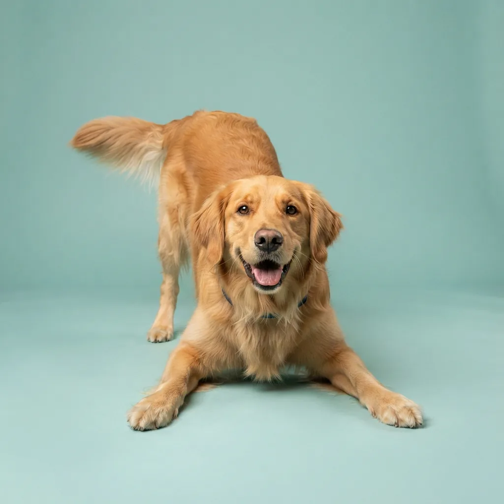 Cão brincando em fundo azul claro