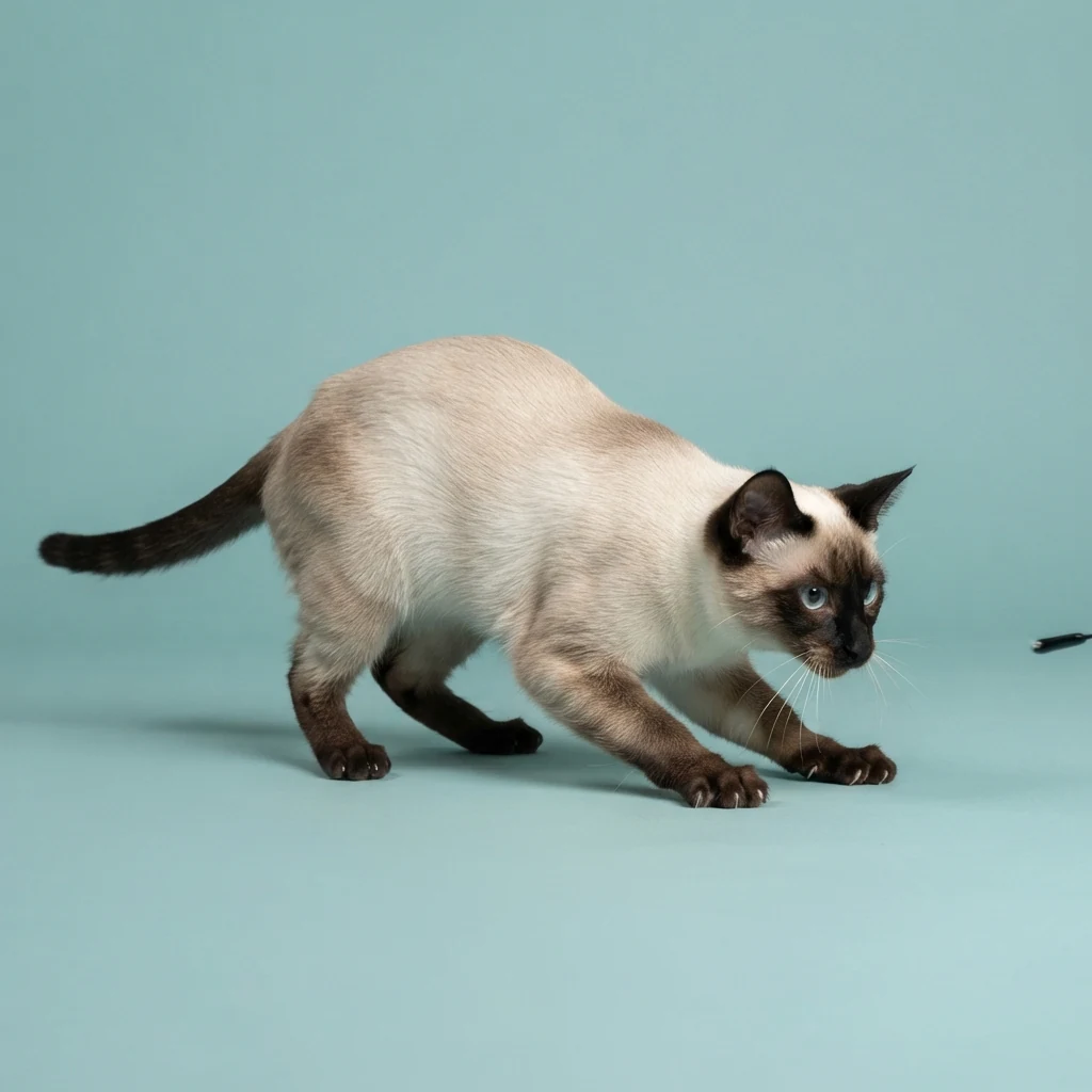Gato deitado confortavelmente em fundo azul claro