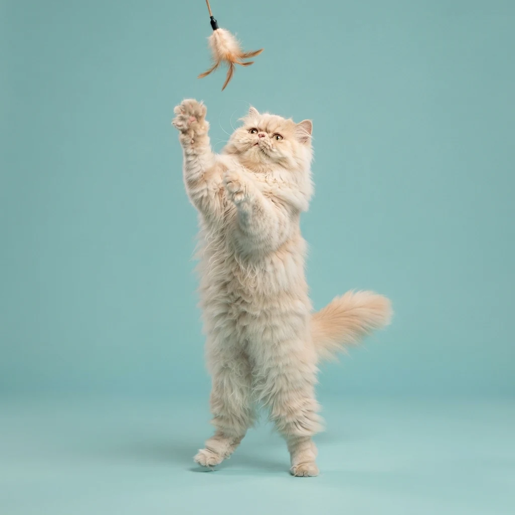 Gato brincando em fundo azul claro