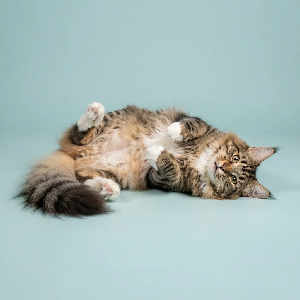Gato em posição de atenção em fundo azul claro